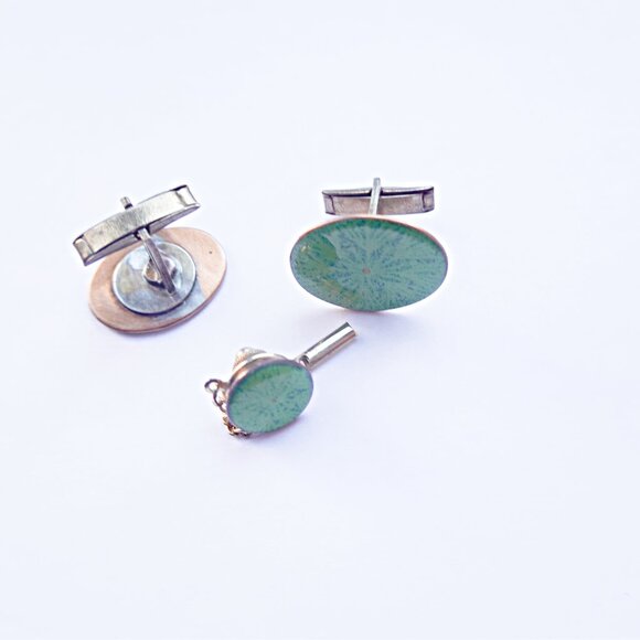 Vintage ENAMEL on Copper CUFF LINKS Tie Tack set - Picture 2 of 2
